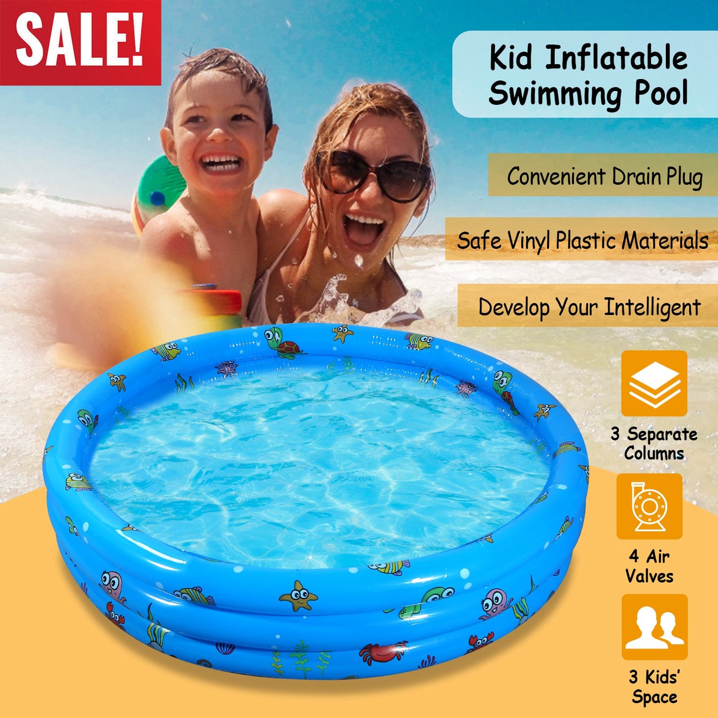 51x13” Inflatable Swimming Pool Blow Up Family Pool For 3 Kids Foldable Swim Ball Pool Center w/ 4 Valves Bottom Water Drain Plug For Indoor Backyard