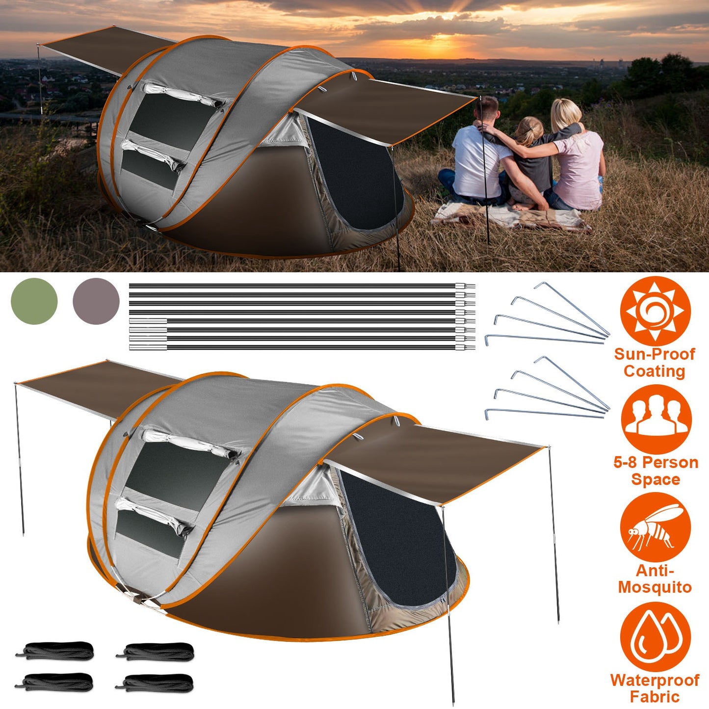 5-8 Person Pop Up Tent Automatic Setup Camping Tent Waterproof Instant Setup Tent with 4 Tent Poles 2 Mosquito Net Windows Carrying Bag for Hiking Cli