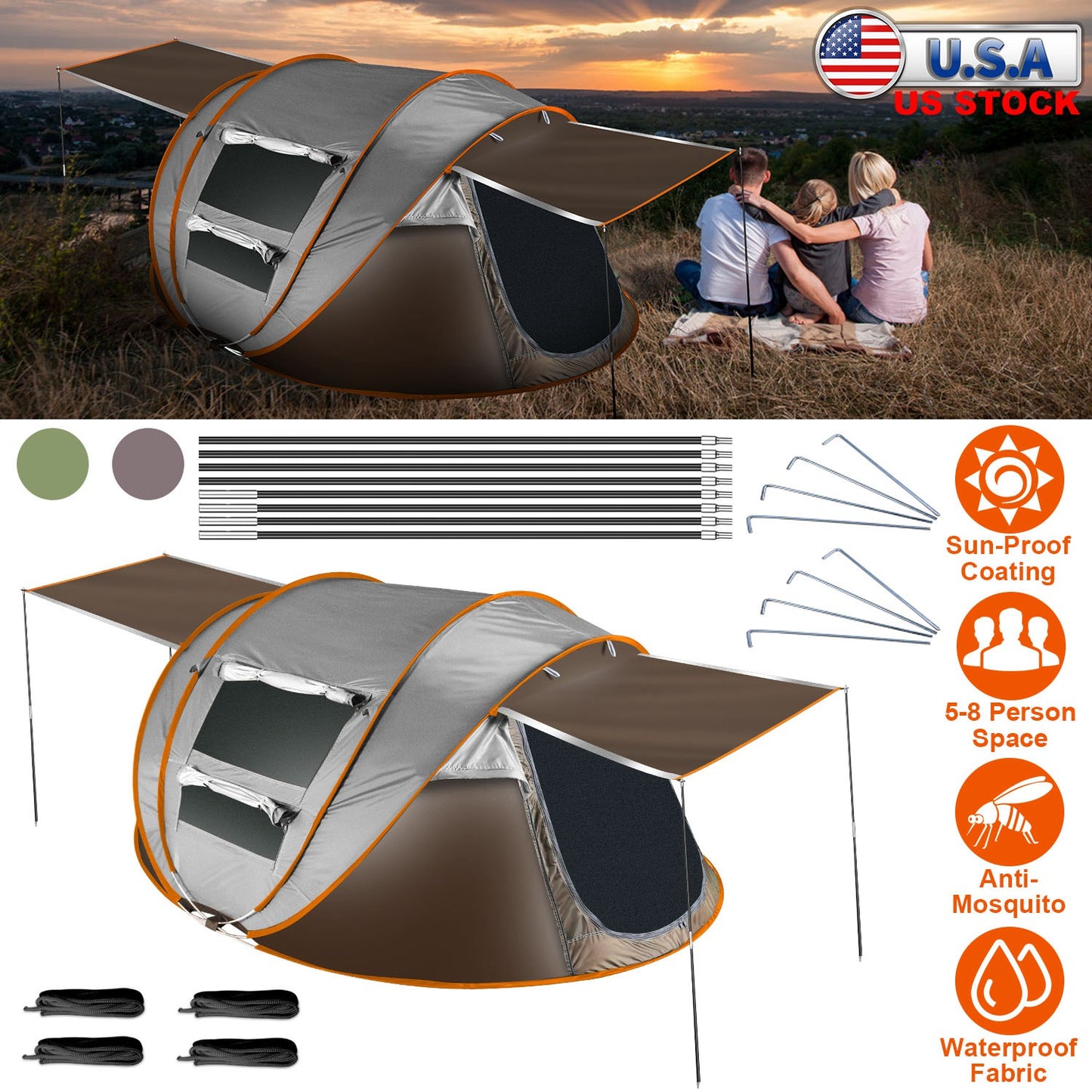 5-8 Person Pop Up Tent Automatic Setup Camping Tent Waterproof Instant Setup Tent with 4 Tent Poles 2 Mosquito Net Windows Carrying Bag for Hiking Cli