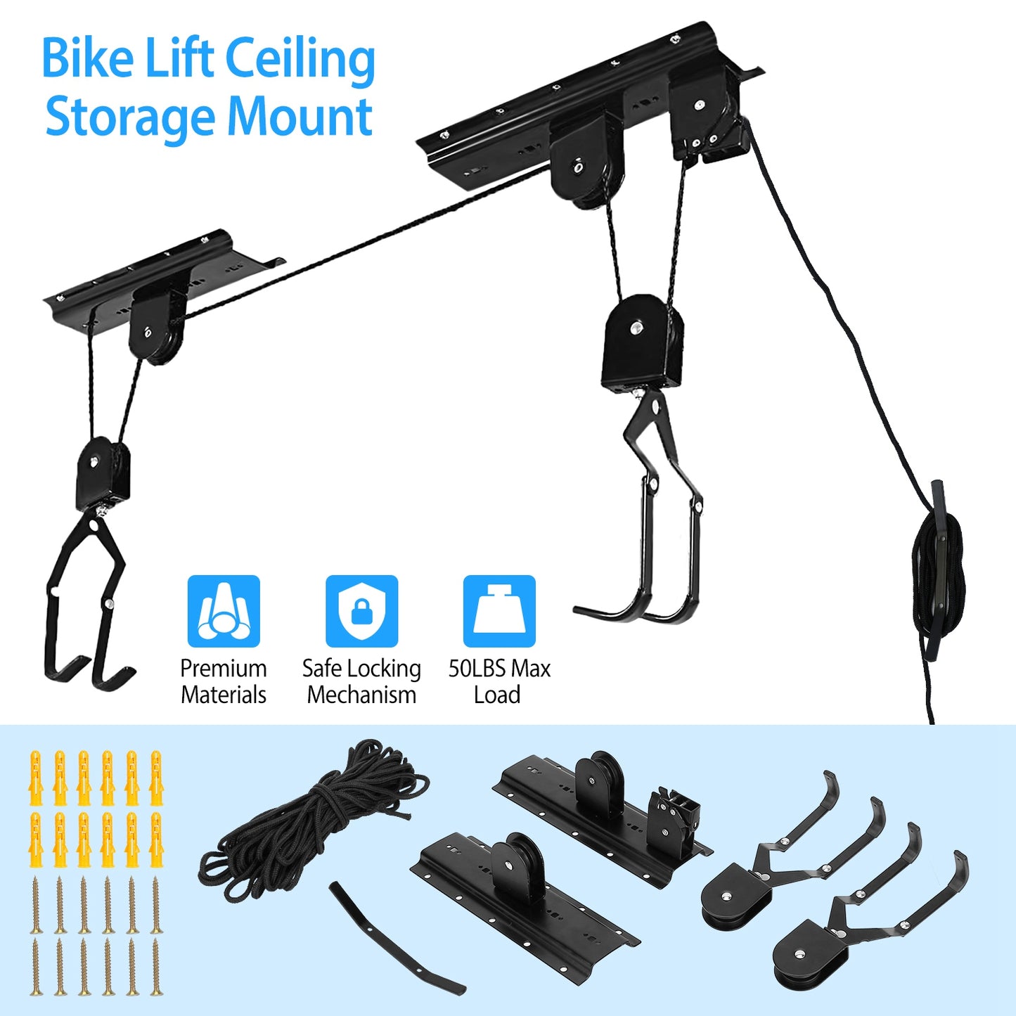 50LBS Load Bicycle Hoist Pulley Rack