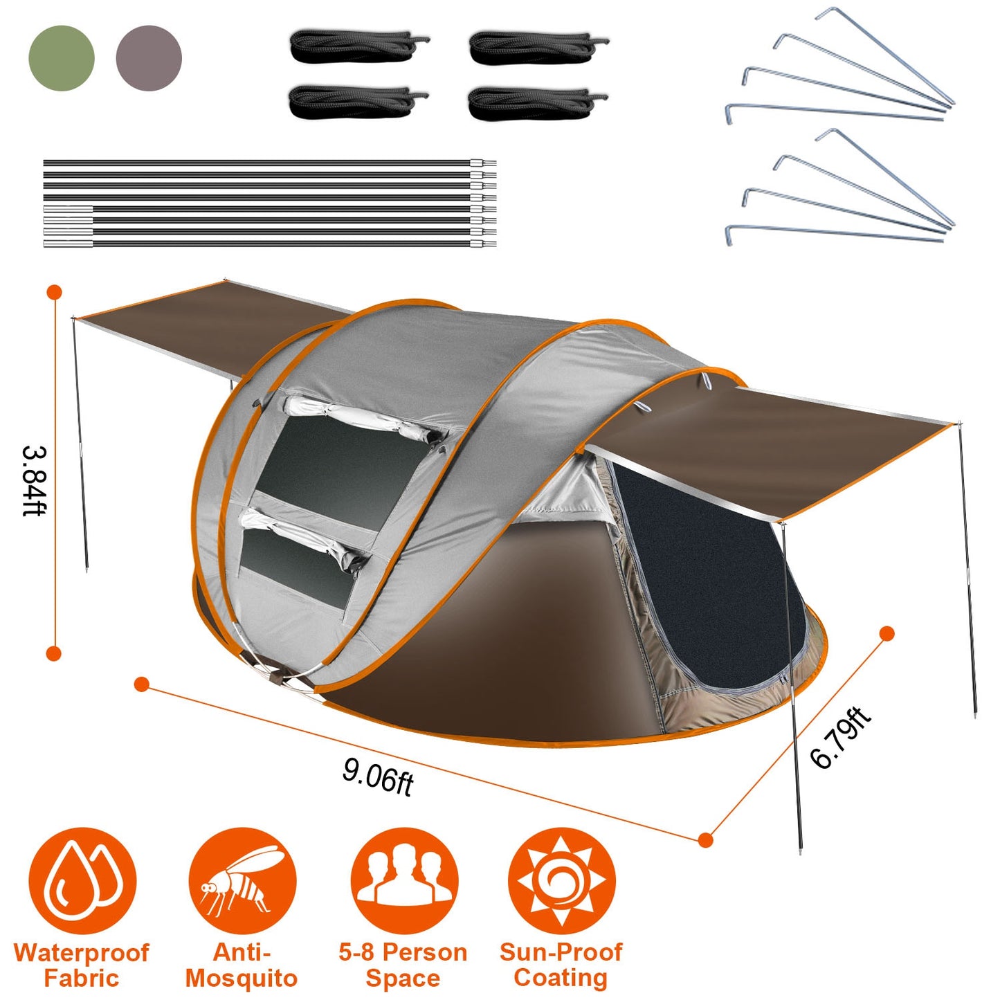 5-8 Person Pop Up Tent Automatic Setup Camping Tent Waterproof Instant Setup Tent with 4 Tent Poles 2 Mosquito Net Windows Carrying Bag for Hiking Cli