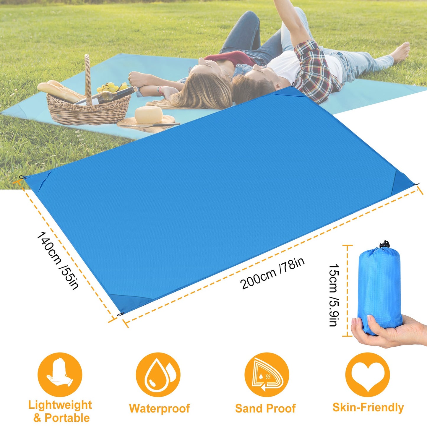Portable Beach Blanket 4.6’ x 6.6’ Waterproof Foldable Camping Rug Pocket Sandproof Picnic Mat for Camping Picnic Hiking Grass Travel