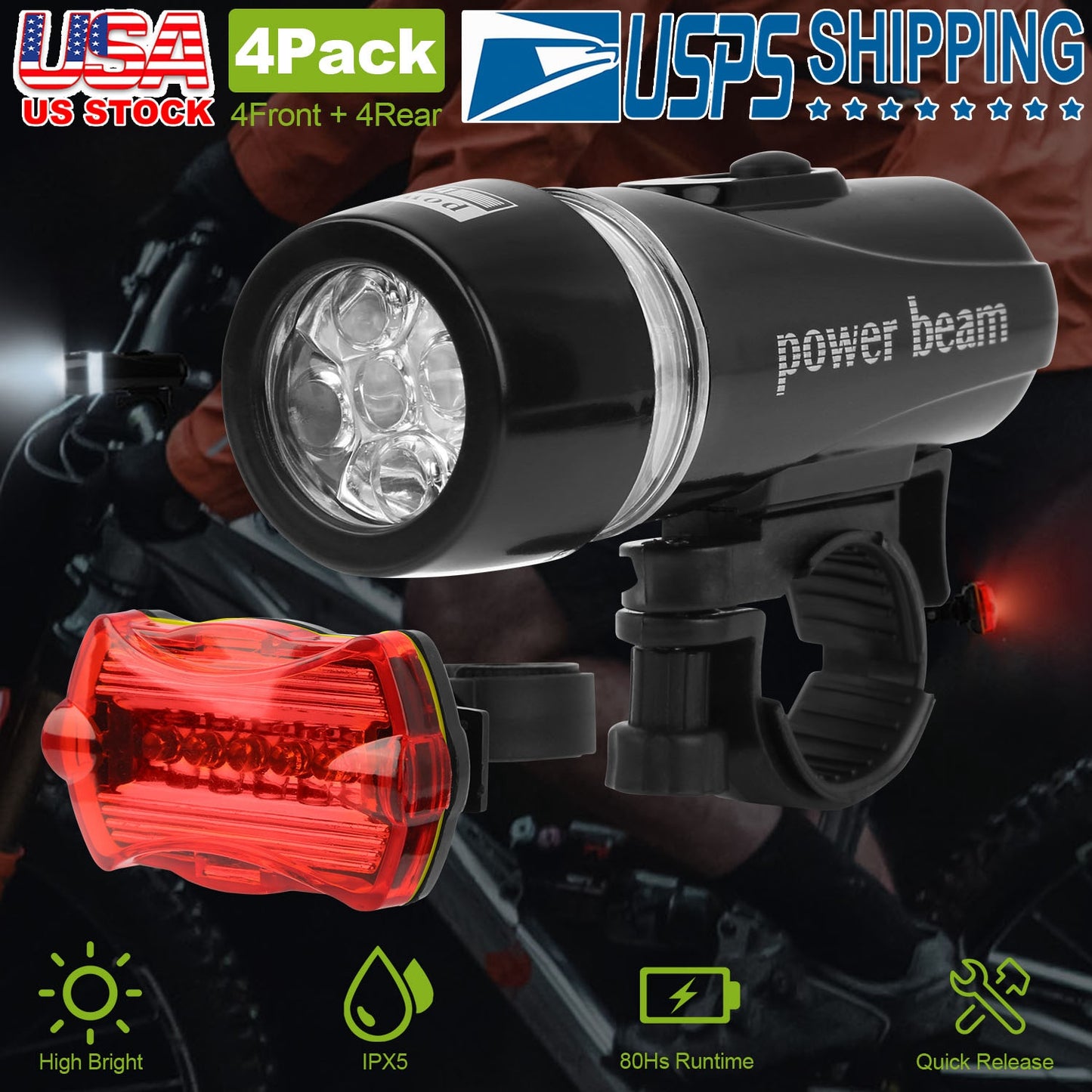 Universal Front Rear Bike Light Set IPX5 Water-Resistant Bike Headlight Taillight Tool-Free Mounting Quick Release