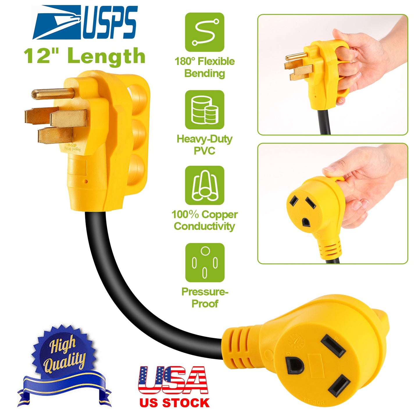 RV Electrical Dogbone Converter 50 AMP Male To 30 AMP Female Adapter Cable 12inch w/ Handle
