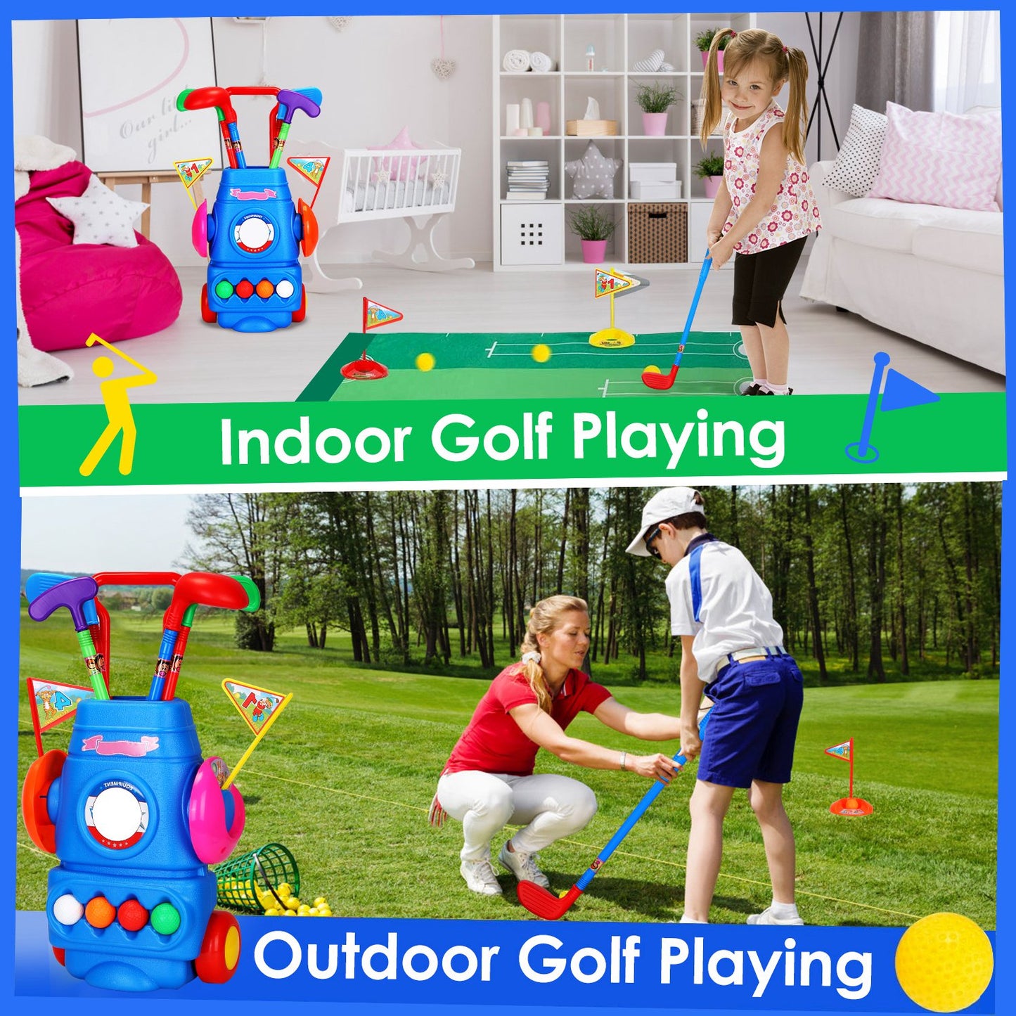 Toddler Golf Set with 4 Balls 4 Clubs 2 Holes 2 Flags Golf Cart Indoor Outdoor Golf Game Gift For 3-5 Years Old Kids