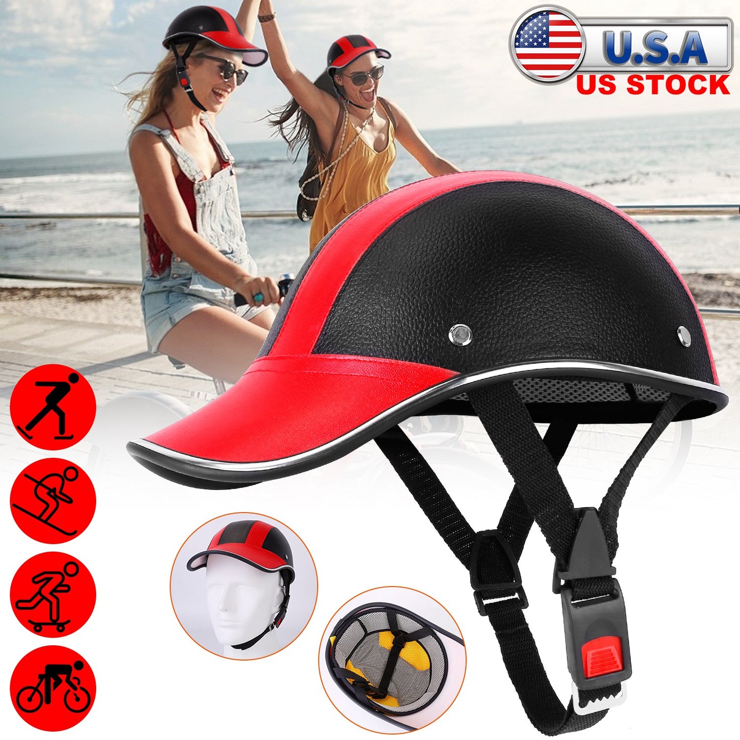 Safety Bicycle Helmet Adjustable Windproof Bike Helmet Sunshade Baseball Cap Anti-UV Cycling Motorcycle Hat Leather Helmet