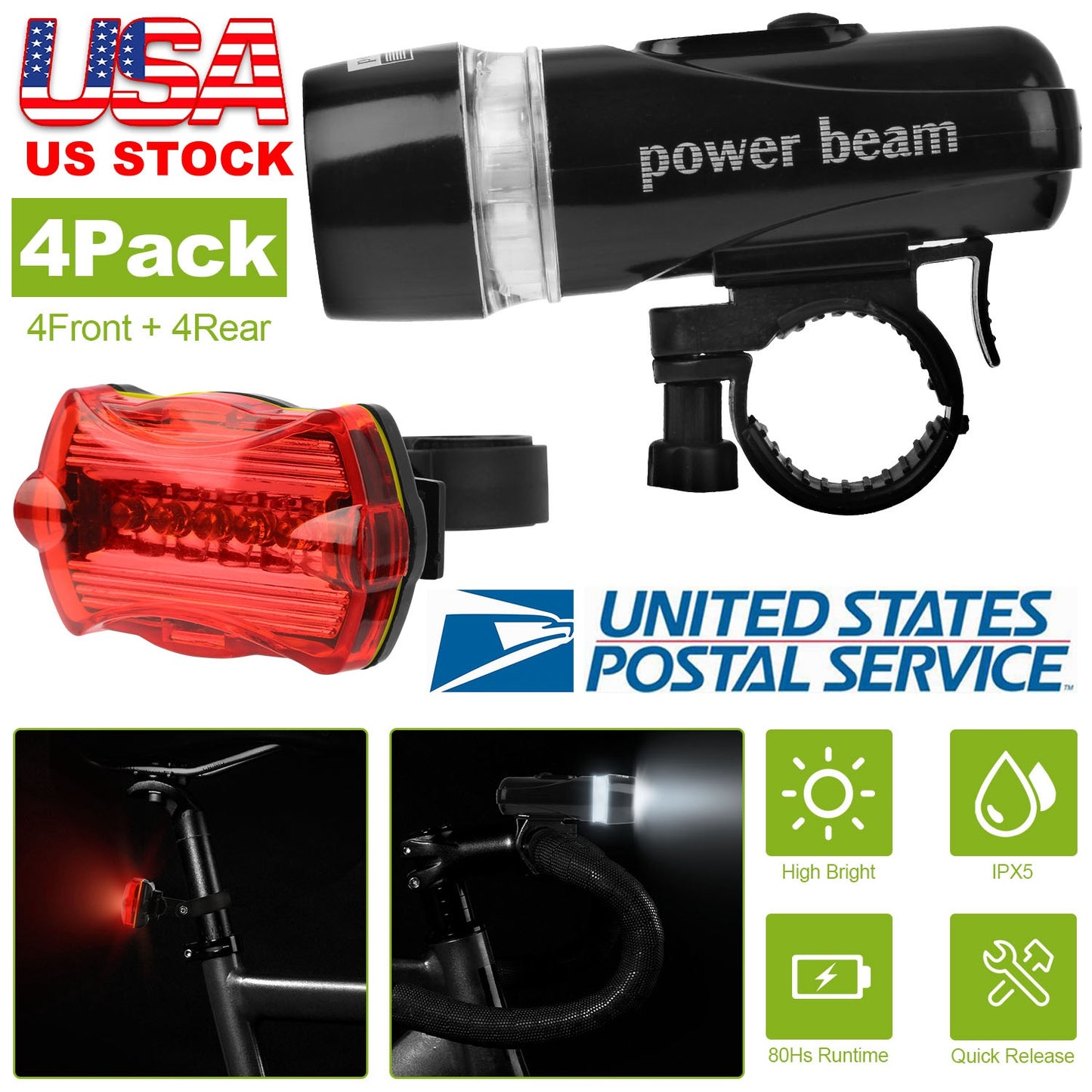 Universal Front Rear Bike Light Set IPX5 Water-Resistant Bike Headlight Taillight Tool-Free Mounting Quick Release