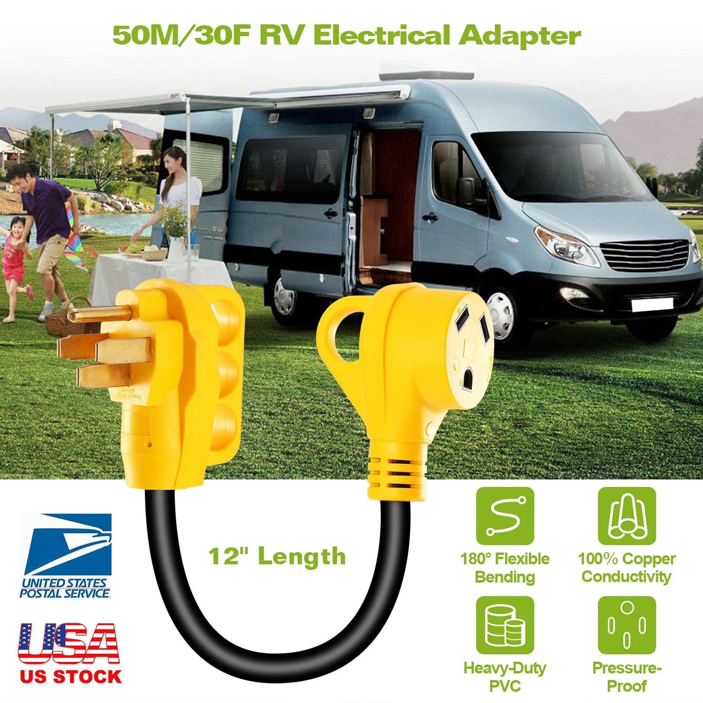 RV Electrical Dogbone Converter 50 AMP Male To 30 AMP Female Adapter Cable 12inch w/ Handle