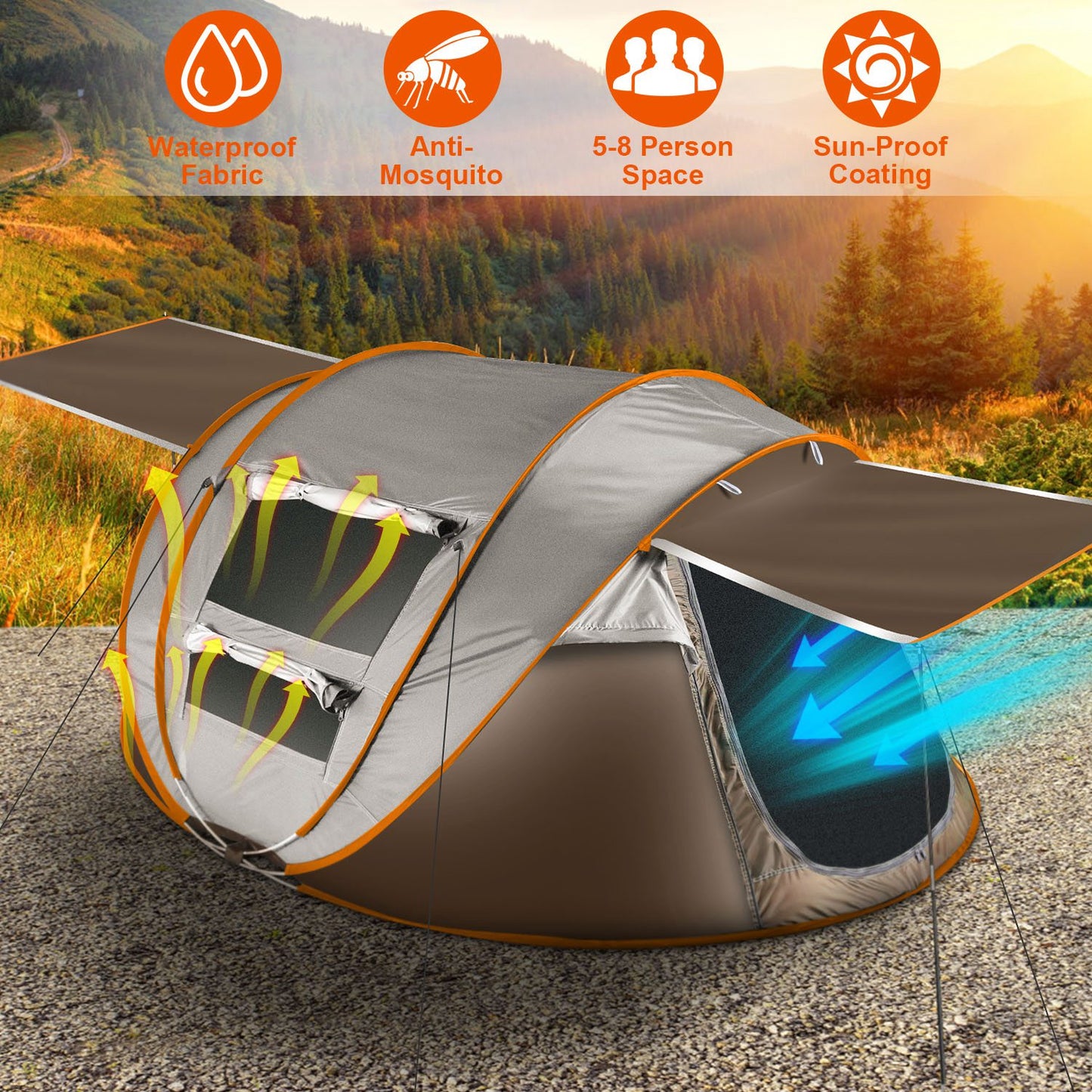 5-8 Person Pop Up Tent Automatic Setup Camping Tent Waterproof Instant Setup Tent with 4 Tent Poles 2 Mosquito Net Windows Carrying Bag for Hiking Cli