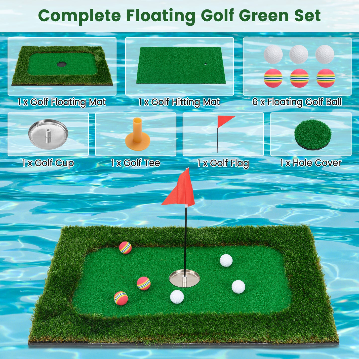 Floating Golf Green for Pool with 6 Golf Balls and Golf Flag