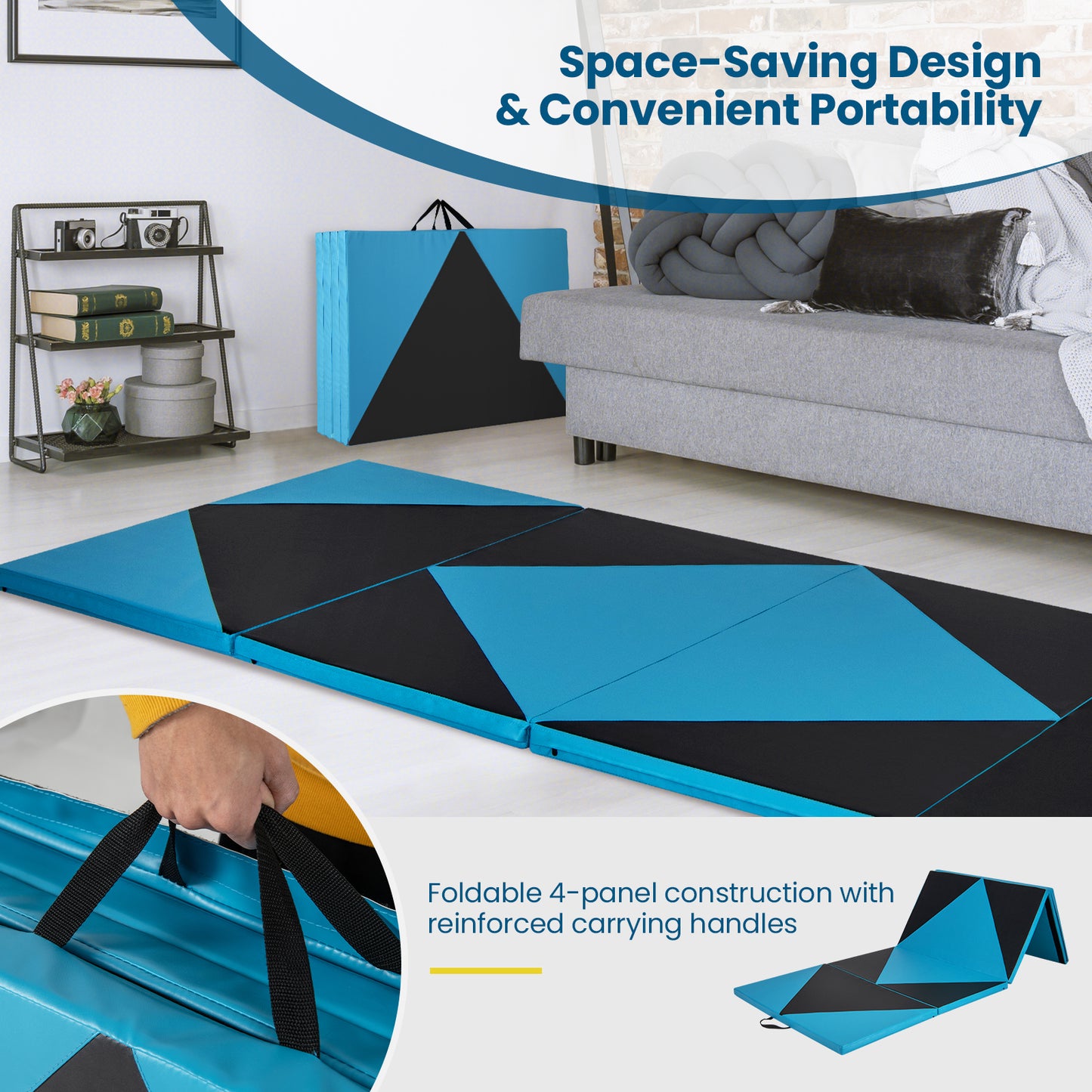 4-Panel PU Leather Folding Exercise Gym Mat with Hook and Loop Fasteners-Black & Turquoise
