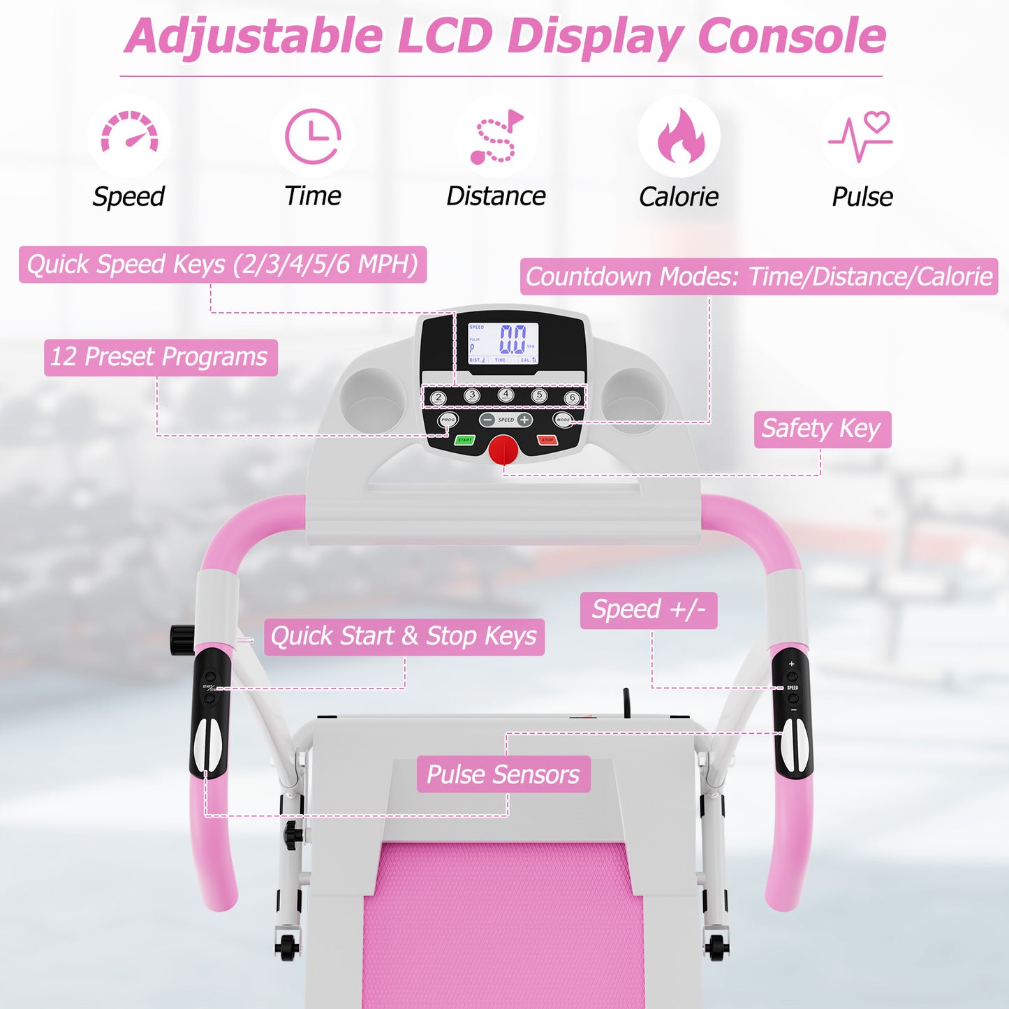 Folding Treadmill with 12 Preset Programs and LCD Display-White