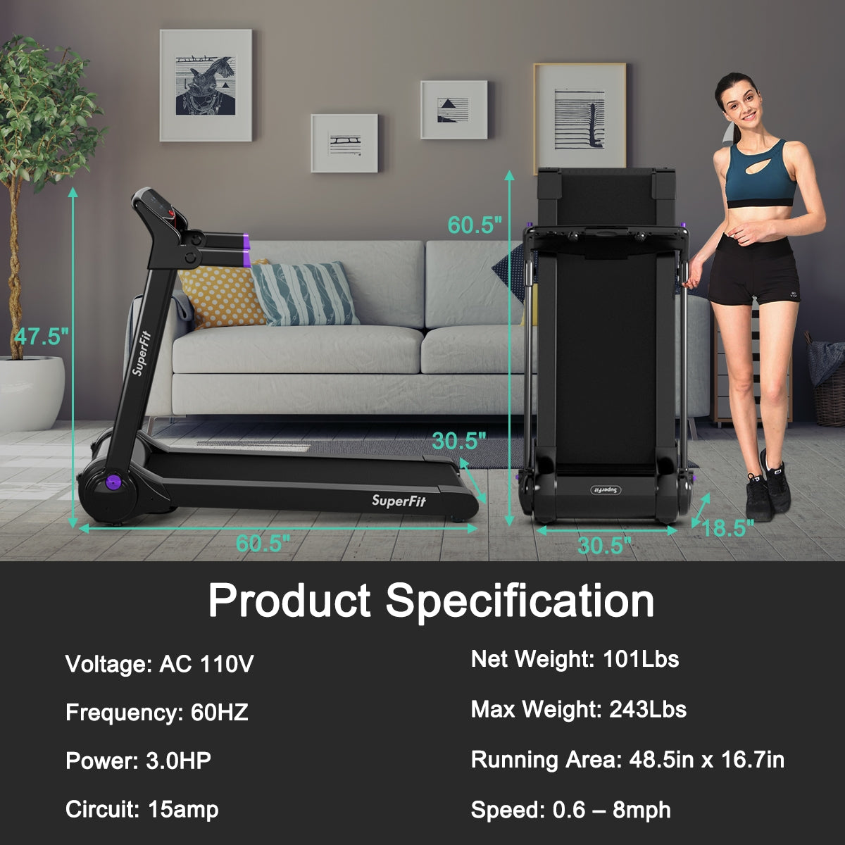 3HP Electric Folding Treadmill with Bluetooth Speaker-Purple