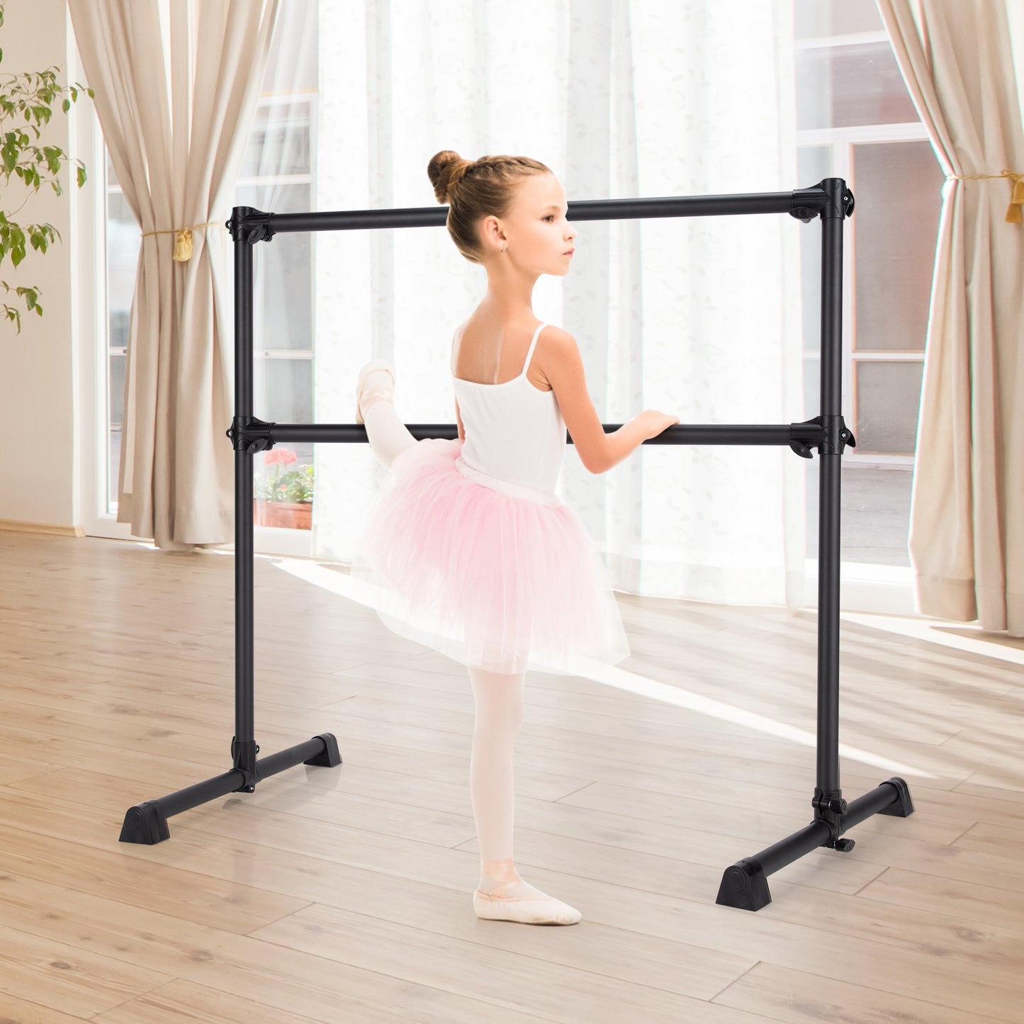 4 Feet Double Ballet Barre Bar with Adjustable Height-Black