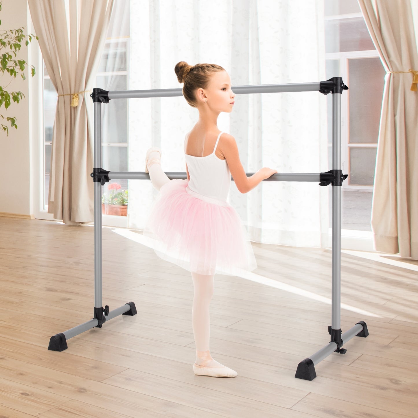 4 Feet Double Ballet Barre Bar with Adjustable Height-Silver