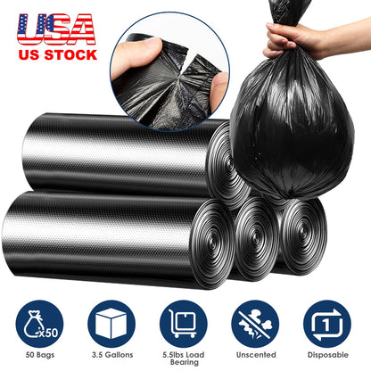 5 Rolls Overall 50 Count Black Garbage Bags Disposable Trash Bags Trash Can Liners Unscented Leak Resistant for Camping Toilet Home Office