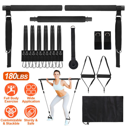 Pilates Bar Kit with 180LBS Resistance Bands Multifunctional Pilates Yoga Toning Bar Full Body Exercise Equipment Set for Beginners Intermediates Prof