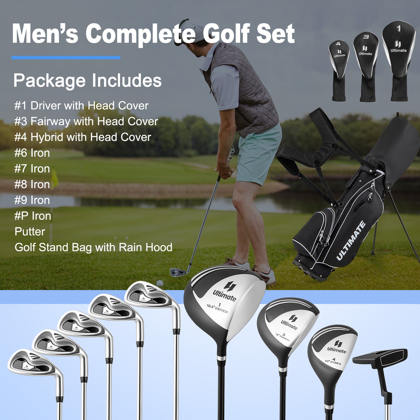 Men’s Profile Complete Golf Club Package Set Includes 10 Pieces-Black