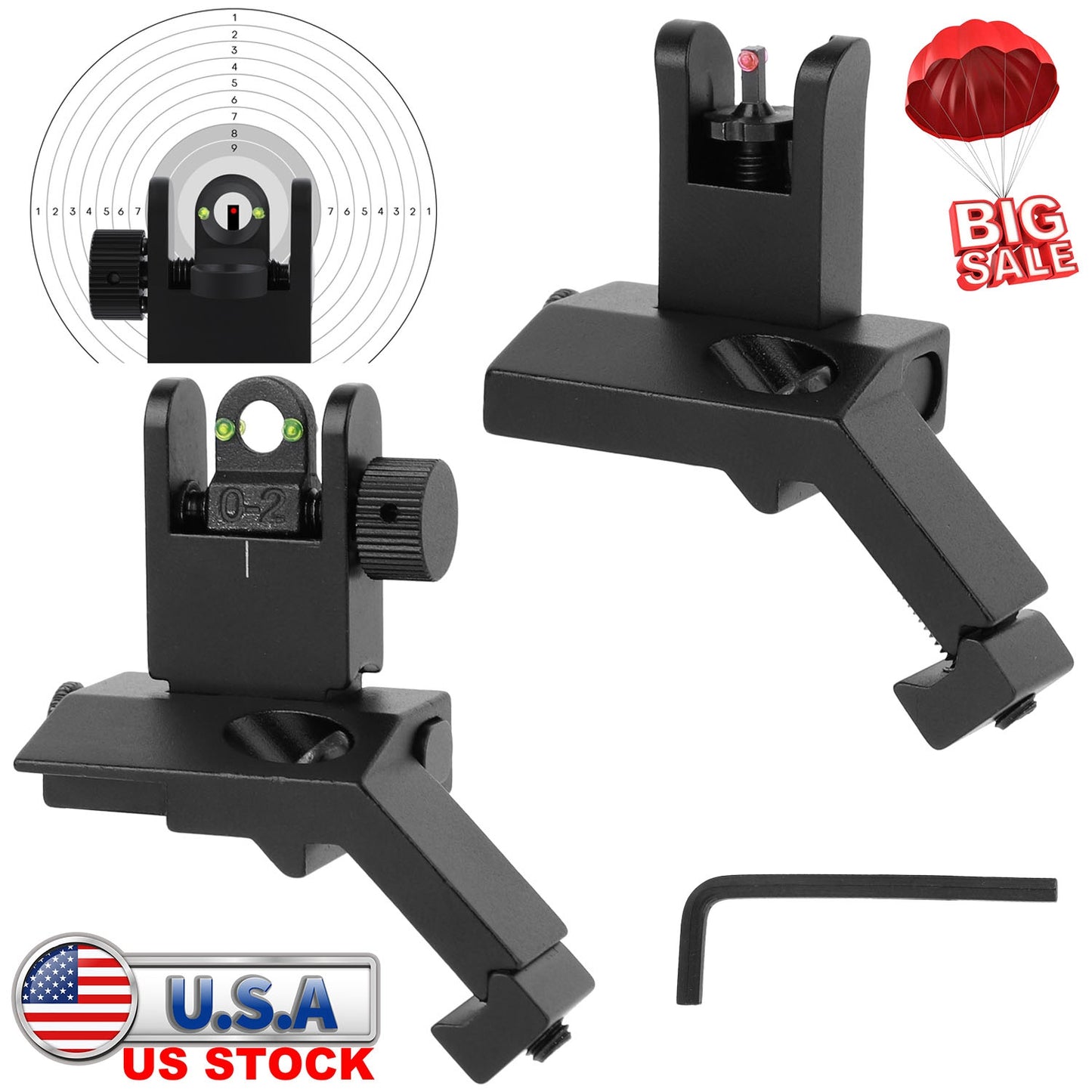45 Degree Offset Rear Front Flip Up Sights Fiber Optics Aluminum Sights Tactical Folding Back Up Sight Set with Red Green Dots Fit Picatinny Weaver Ra