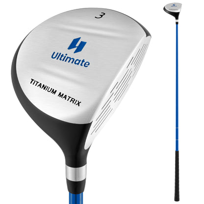 38 Inch 165CC Junior #3 Fairway Wood Golf Club with Fiberglass Shaft for Kids Ages 11-14-Blue