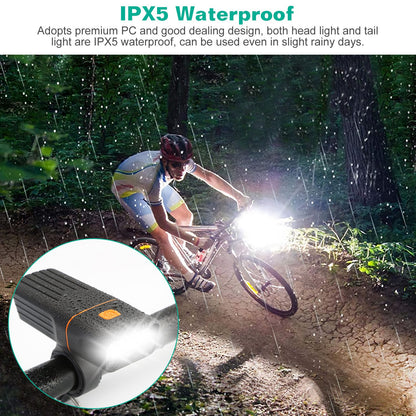 Super Bright Bike Light Set USB Rechargeable Headlight Taillight Set Waterproof LED Bicycle Front and Rear Lights for Night Riding Cycling