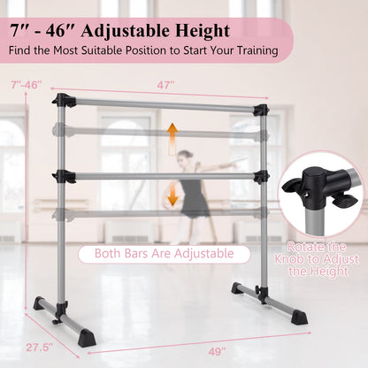 4 Feet Double Ballet Barre Bar with Adjustable Height-Silver
