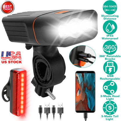 Super Bright Bike Light Set USB Rechargeable Headlight Taillight Set Waterproof LED Bicycle Front and Rear Lights for Night Riding Cycling