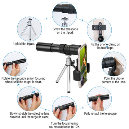 10X-300X Zoom Monocular Telescope High Definition Phone Telephoto Lens w/ Phone Holder Clamp Tripod For Hunting Hiking Sightseeing