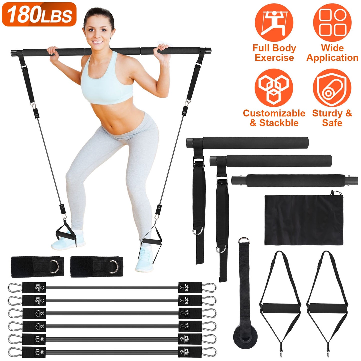 Pilates Bar Kit with 180LBS Resistance Bands Multifunctional Pilates Yoga Toning Bar Full Body Exercise Equipment Set for Beginners Intermediates Prof
