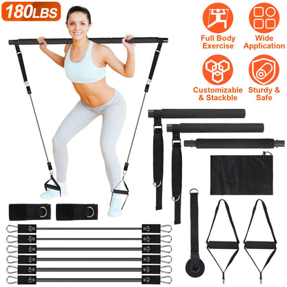 Pilates Bar Kit with 180LBS Resistance Bands Multifunctional Pilates Yoga Toning Bar Full Body Exercise Equipment Set for Beginners Intermediates Prof