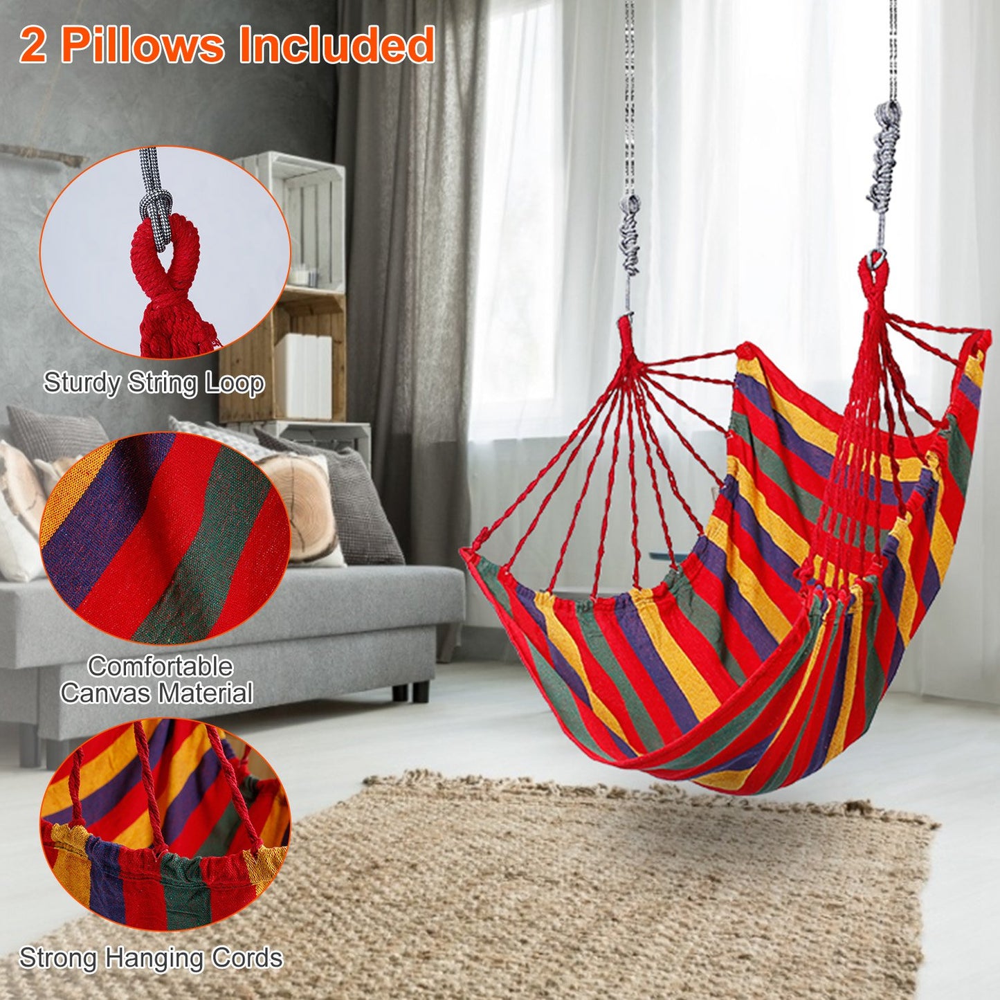 440LBS Hammock Hanging Chair Canvas Porch Patio Swing Seat Portable Camping Rope Seat w/ 2Pillows