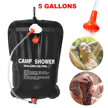 Portable Solar Heated Shower Bag Camping Shower Bath Water Bag 5 Gallons w/ On-Off Switchable Shower Head