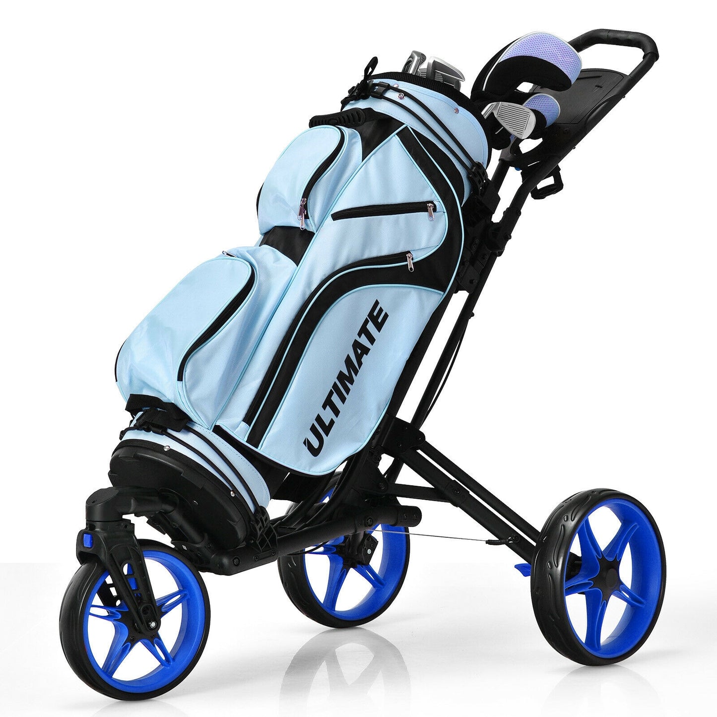 Folding Golf Push Cart with Scoreboard Adjustable Handle Swivel Wheel-Blue