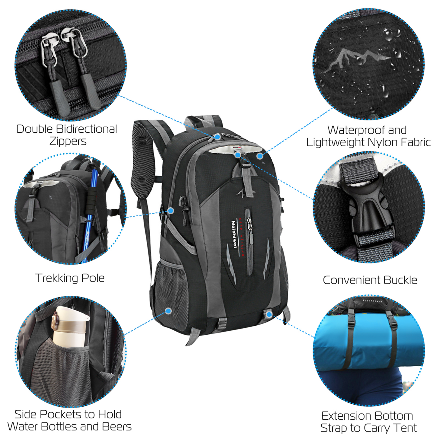 36L Black Outdoor Travel Backpack