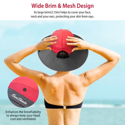 Women Summer Sun Bucket Hats Foldable UV Protection Cotton Cap Wide Brim Floppy Cap Packable Ponytail Mesh Travel Hat For Beach Fishing Camping Travel