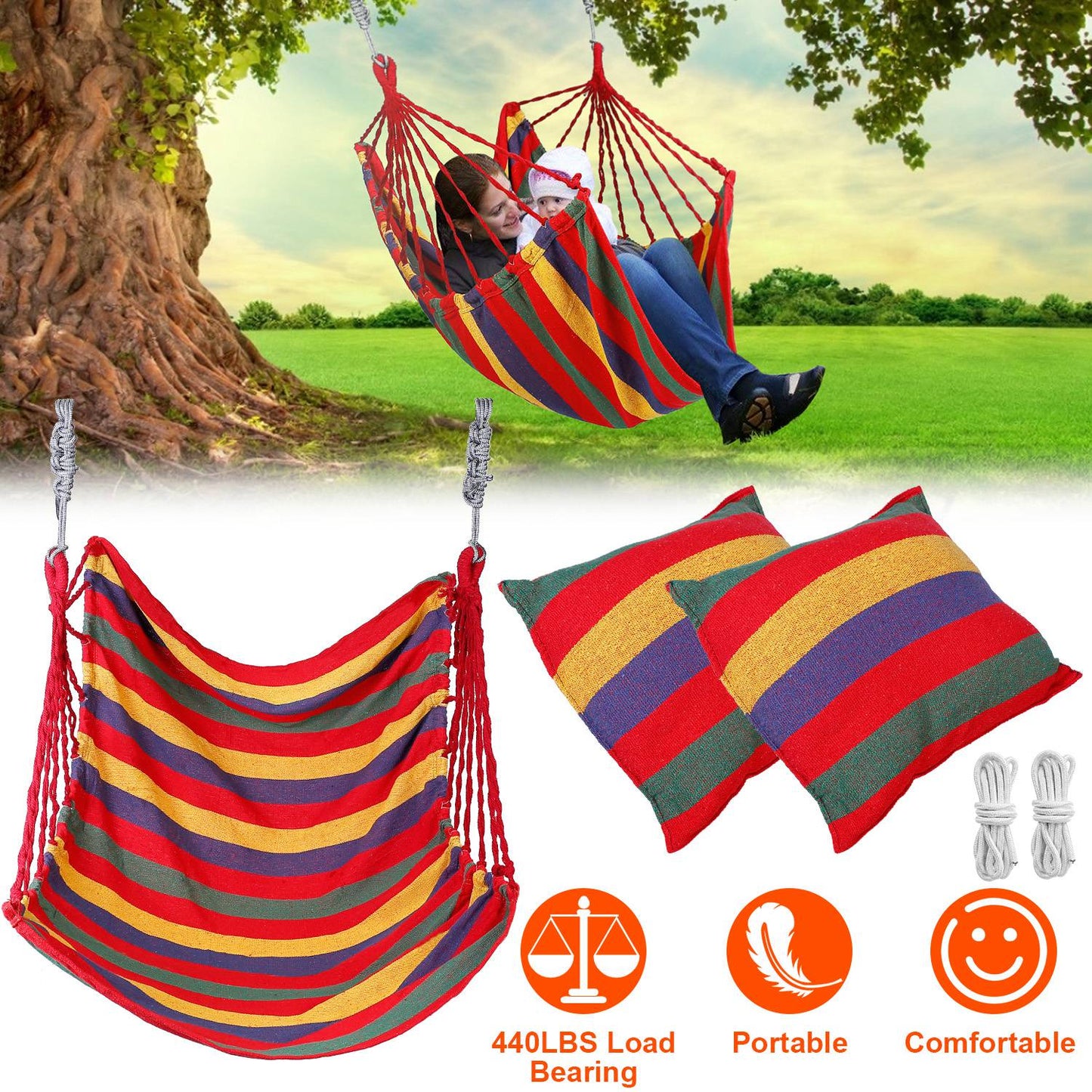 440LBS Hammock Hanging Chair Canvas Porch Patio Swing Seat Portable Camping Rope Seat w/ 2Pillows