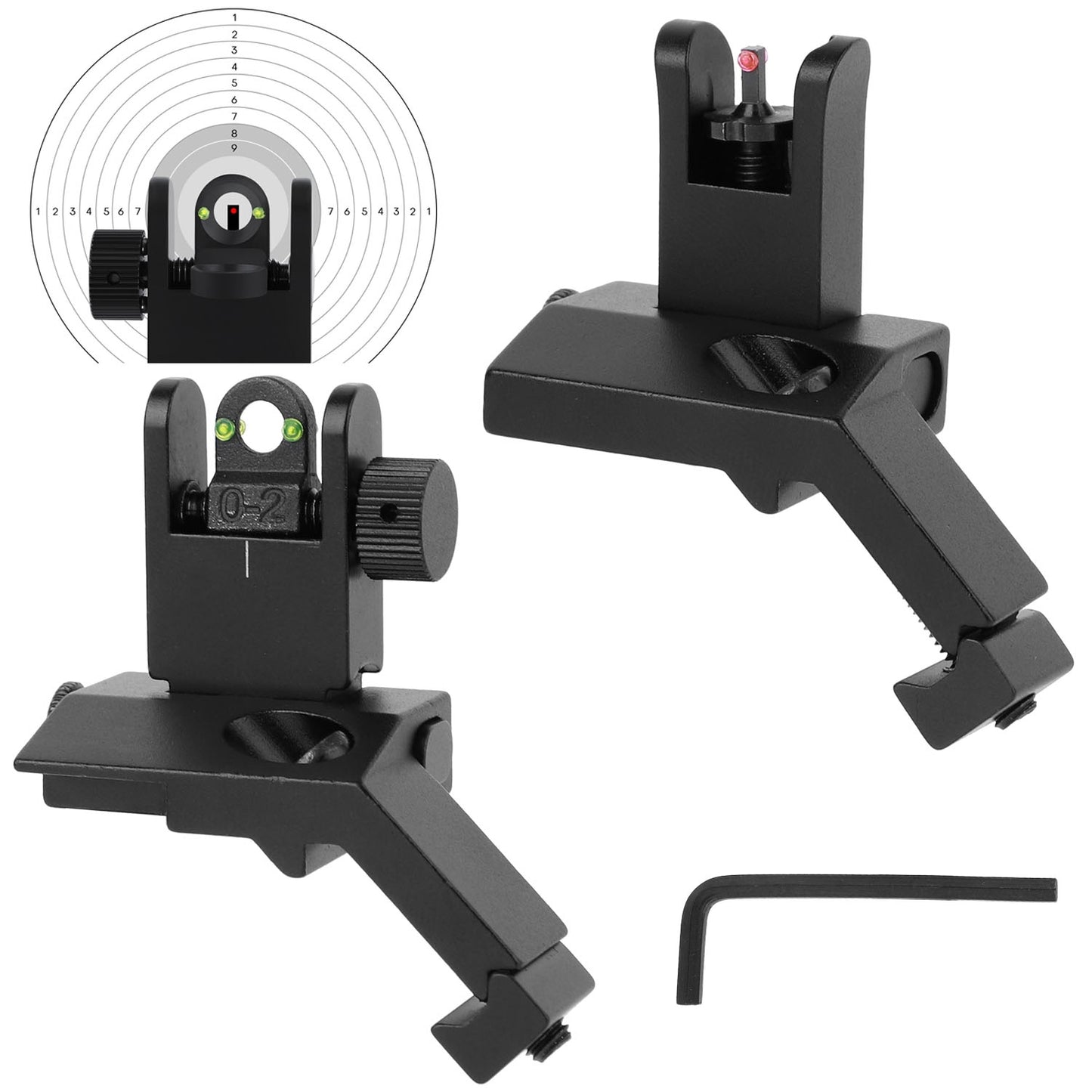45 Degree Offset Rear Front Flip Up Sights Fiber Optics Aluminum Sights Tactical Folding Back Up Sight Set with Red Green Dots Fit Picatinny Weaver Ra