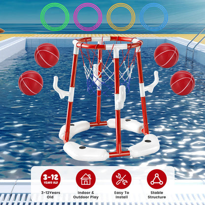 Summer Pool Basketball Hoop Toy Set With 4 Basketballs 4 Circles Pump Floating Swimming Pool Basketball Games Poolside Water Play Toy For 3-12Years Ol