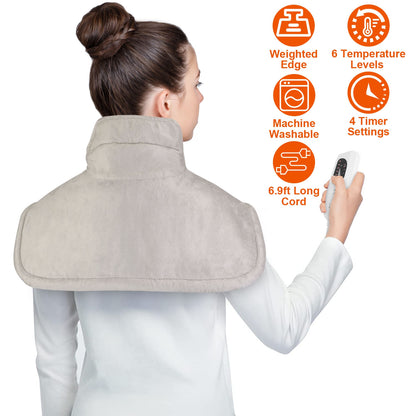 22.4x16.3in Large Weighted Heating Pad for Neck and Shoulders Electric Fast Heating Mat Neck Wrap Cushion Pain Relief with 6 Temperature Settings 4 Ti