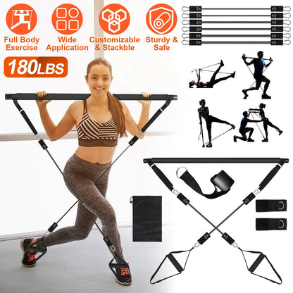 Pilates Bar Kit with 180LBS Resistance Bands Multifunctional Pilates Yoga Toning Bar Full Body Exercise Equipment Set for Beginners Intermediates Prof