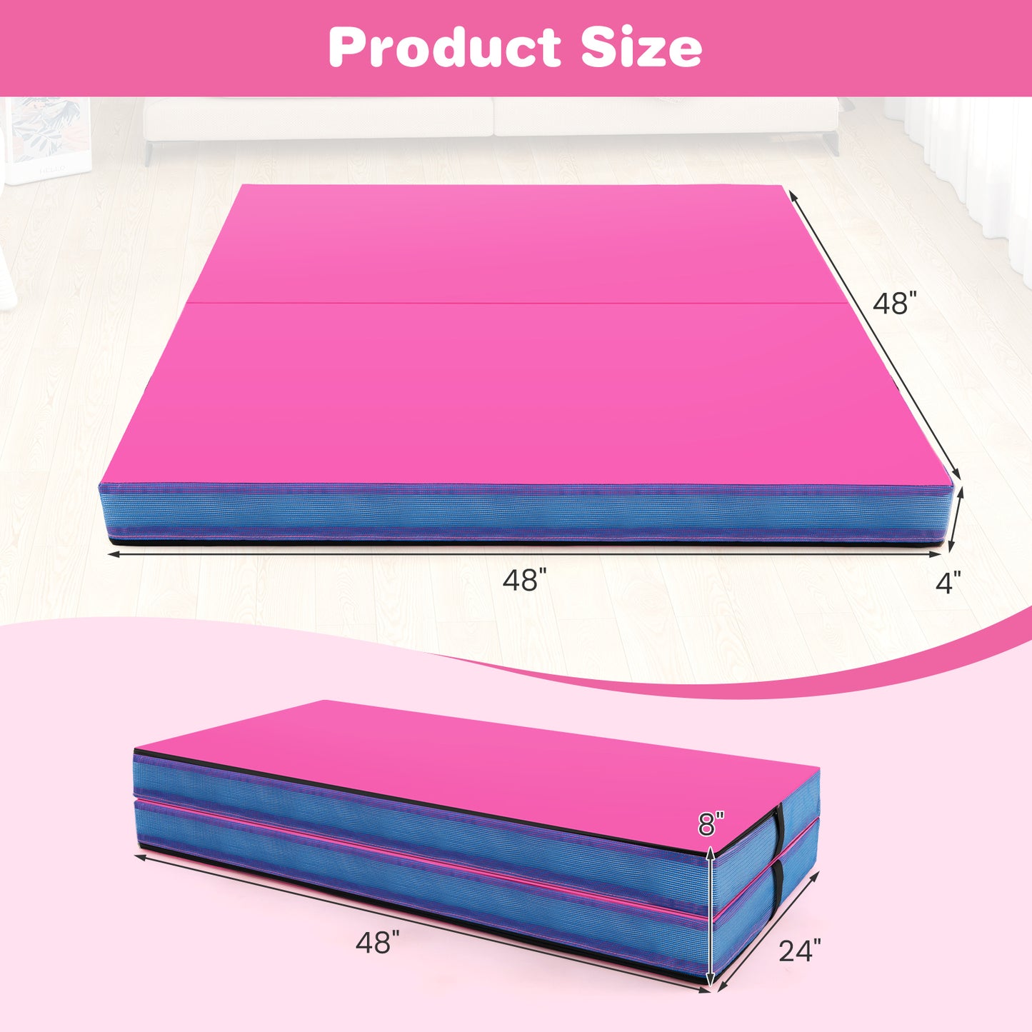 4ft x 4ft x 4in Bi-Folding Gymnastic Tumbling Mat with Handles and Cover-Pink