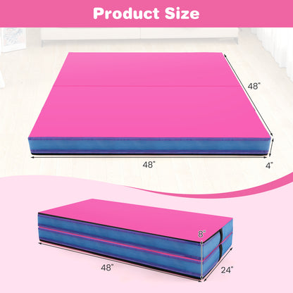 4ft x 4ft x 4in Bi-Folding Gymnastic Tumbling Mat with Handles and Cover-Pink