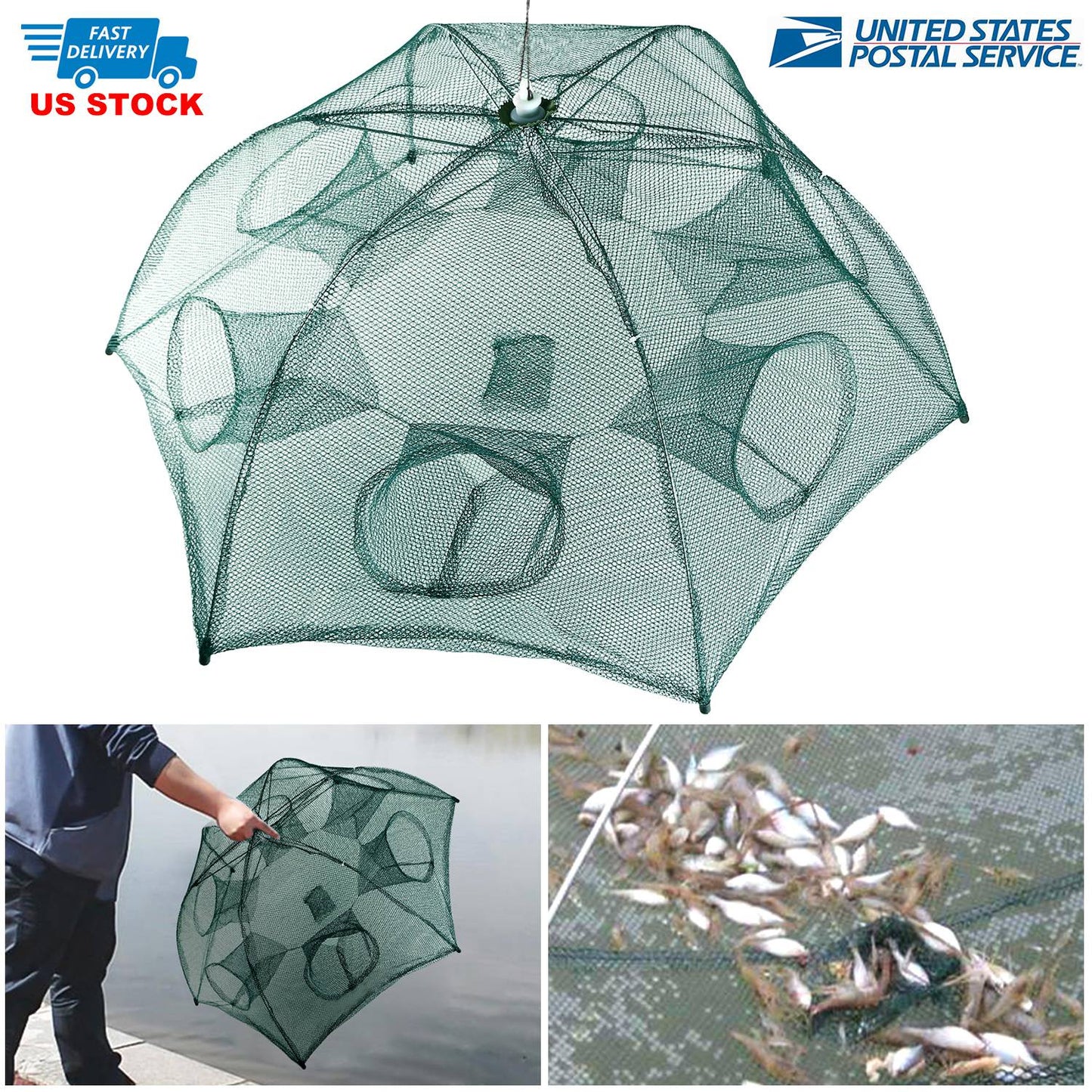 Fishing Trap Net Portable Folded Fishing Bait Trap Shrimp Minnow Crab Bait Net 6 Sides 6 Holes Crayfish Cast Mesh Trap Automatic