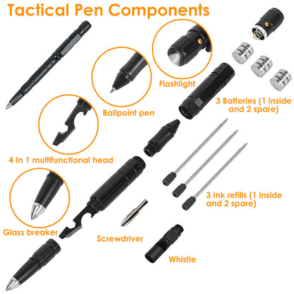 11 In 1 Tactical Pen Gear Set Multi-tool Survival Pen Set Cool Gadget Gift for Men EDC Glass Breaker LED Flashlight Ballpoint Pen Whistle Ink Refills