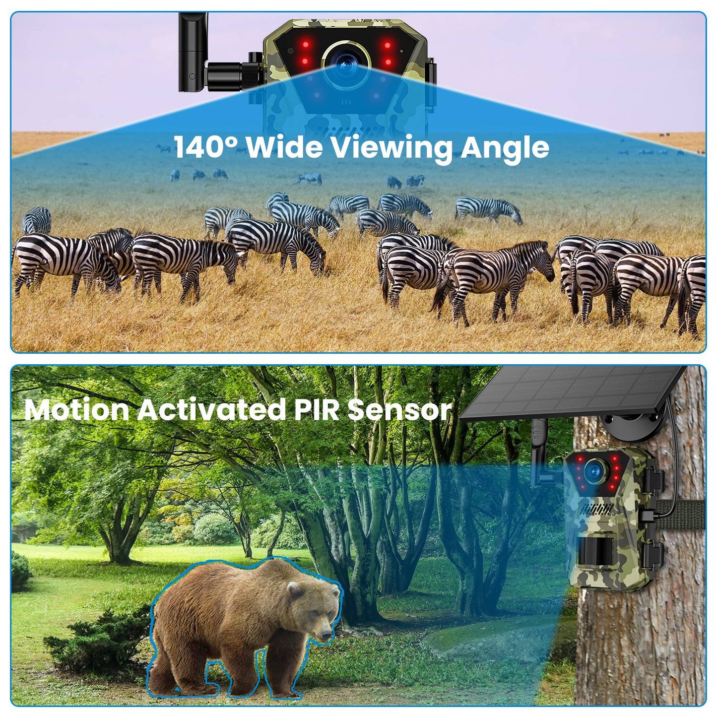 4G 4K 30FPS Solar Trail Camera Outdoor Wildlife Camera Motion Activated IP66 Waterproof with 140ºViewing Angle No Glow Night Vision SIM Card APP Contr