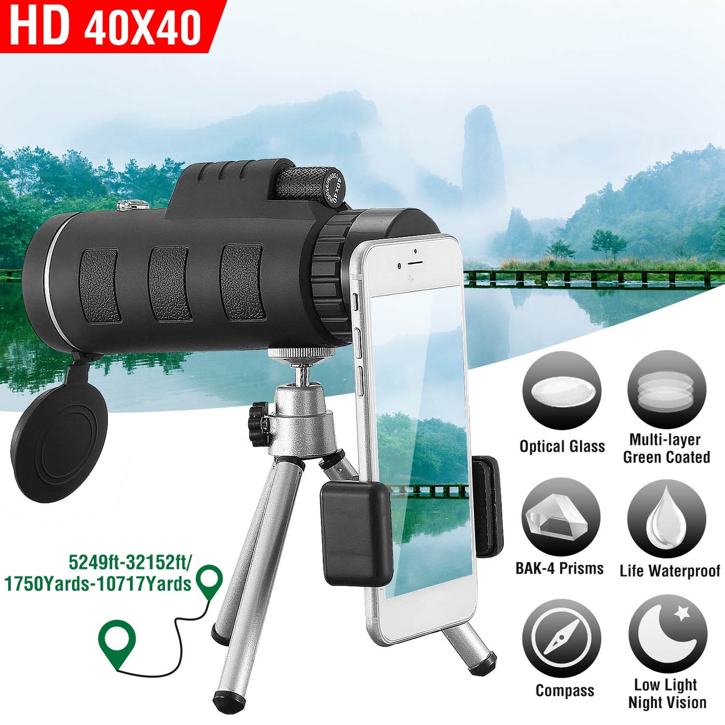 40x40 HD Optical Monocular Telescope w/ FMC Lens Low Light Vision Scope Phone Holder Tripod Compass For Bird Watching Hunting Camping Hiking Sport Eve