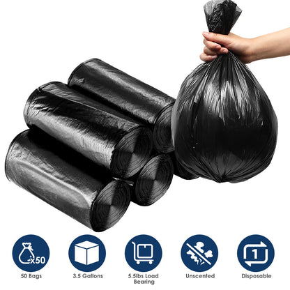 5 Rolls Overall 50 Count Black Garbage Bags Disposable Trash Bags Trash Can Liners Unscented Leak Resistant for Camping Toilet Home Office