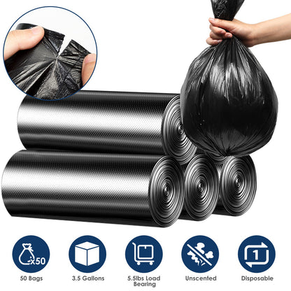 5 Rolls Overall 50 Count Black Garbage Bags Disposable Trash Bags Trash Can Liners Unscented Leak Resistant for Camping Toilet Home Office