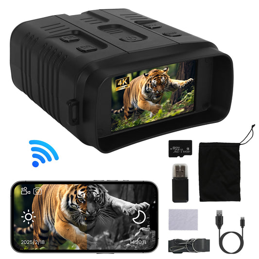 Night Vision Goggles 4K Full-Color Binoculars 10X Zoom with 2624ft Viewing Range 3\'\' Screen 64G MMC Card WIFI APP Control Save Photo and Video for C