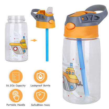 16.2Oz Leak-proof Kids Water Bottle with Straw Push Button Sport Water Bottle for Kids Crab Ship Jellyfish Rocket